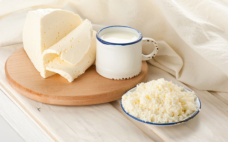 white ceramic mug and cheese, milk, food, breakfast, wood - Material