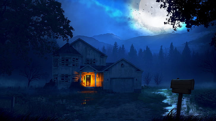 forest, mountains, night, house, The house and the ghost, HD wallpaper