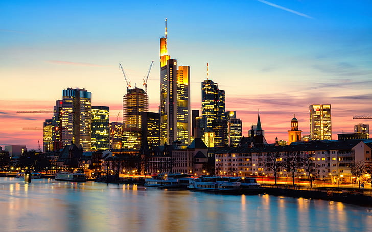 Frankfurt am Main, Germany, city, evening, river, lights, skyscrapers, HD wallpaper