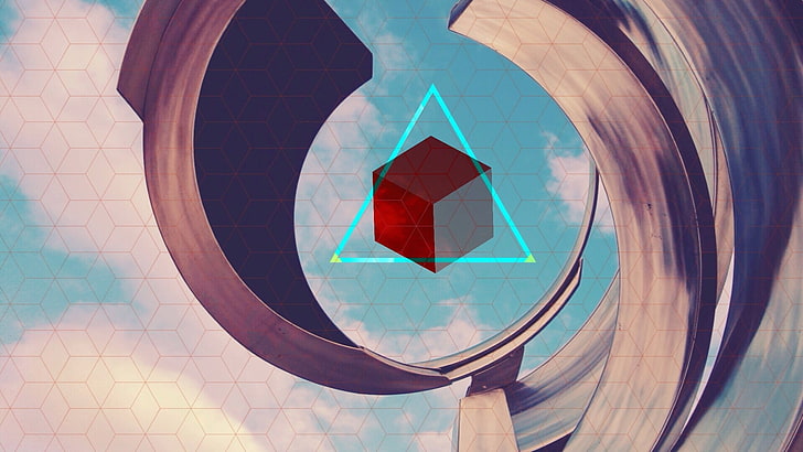 red and gray cube illustration, abstract, triangle, digital art