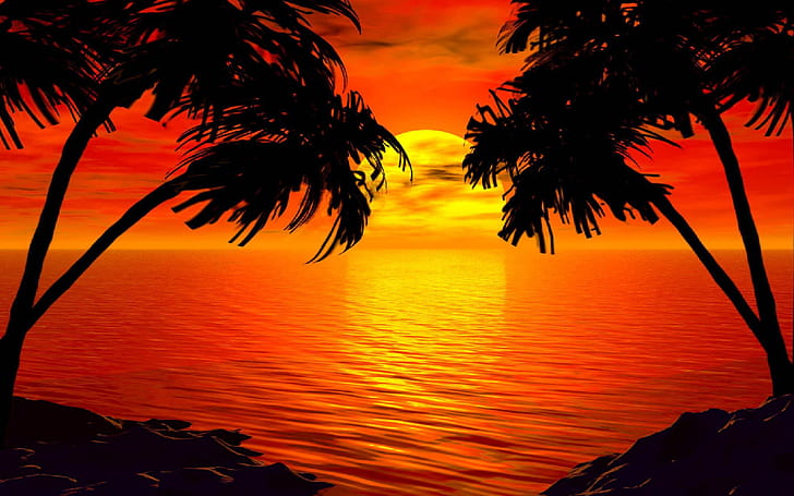 Paradise Sunset Tropical Island Palm Sea Red Sky Hd Wallpaper 2560×1600