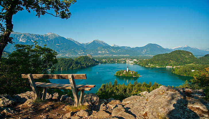 Lake Bled, Mountains, Tree, Bench, Bled, Slovenia Wallpaper Hd