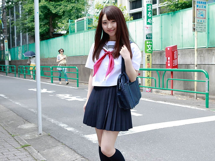 Pure Japanese school girl with the beat on the str.., women's white shirt and black skirt