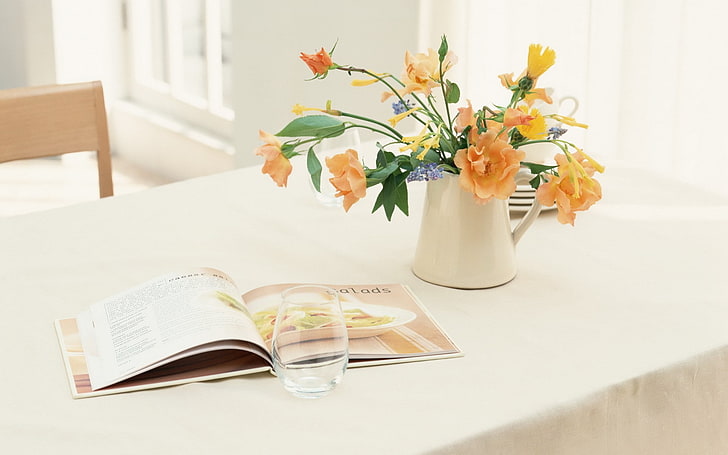 orange flowers, table, flowering plant, vase, publication, indoors