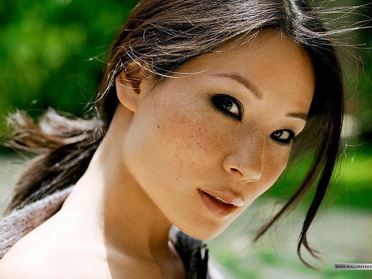 Lucy Liu, face, eyes, freckles, celebrity, portrait, headshot, HD wallpaper