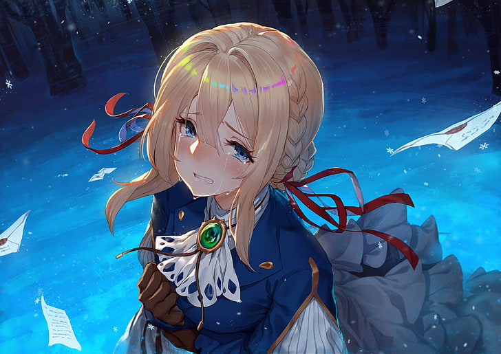 violet evergarden, crying, blonde, sad face, papers, Anime, HD wallpaper