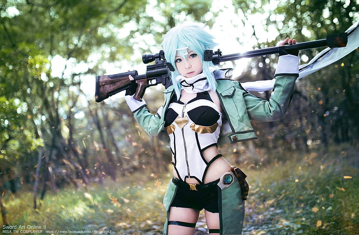 girl holding rifle photography, Sword Art Online, Asada Shino