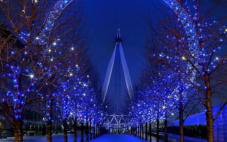 blue LED light strip, night illumination, ferris wheel, beautifully, HD wallpaper