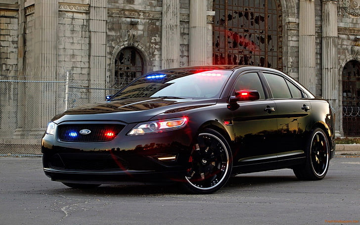 black Ford sedan, car, police, police cars, Ford Taurus, Ford Police Interceptor Sedan