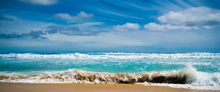 sea, waves, sky, horizon, water, land, beach, motion, cloud - sky, HD wallpaper