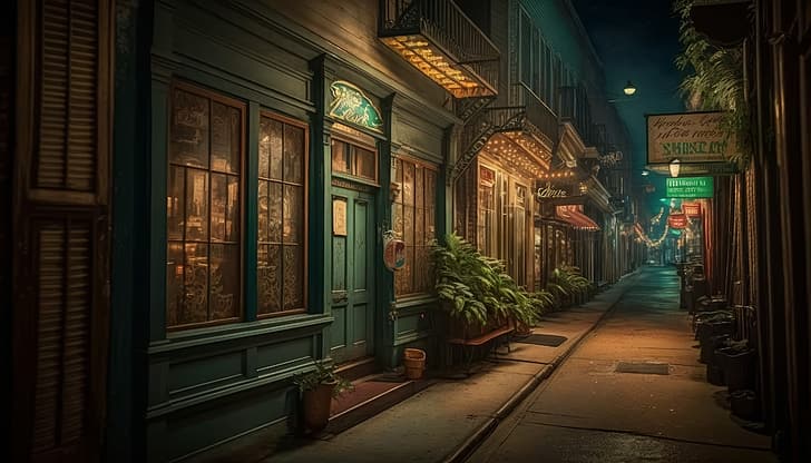 AI art, city, alleyway, New Orleans, night, HD wallpaper