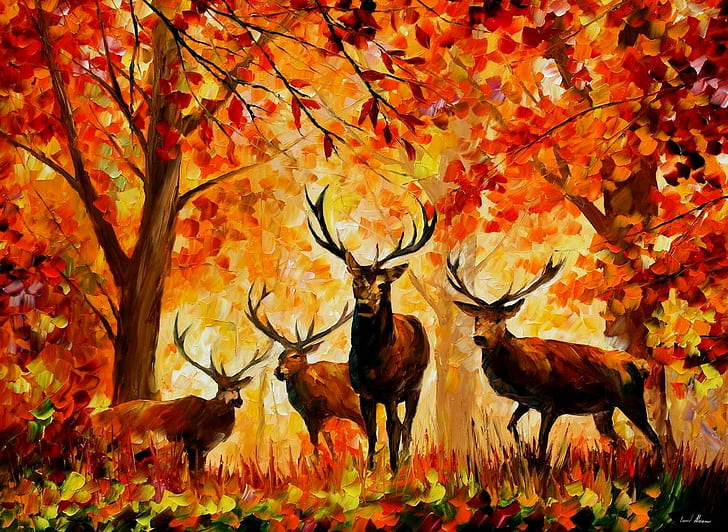 fall, deer, Leonid Afremov, artwork, animals, painting, trees