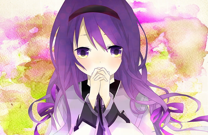 anime girls, visual novel, purple hair, pink color, headshot, HD wallpaper