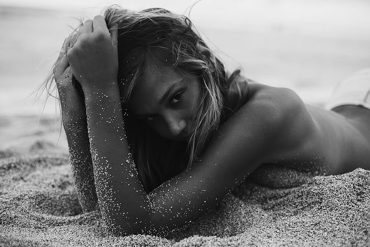 sand, beach, look, girl, Alexis Ren, one person, lying down, HD wallpaper