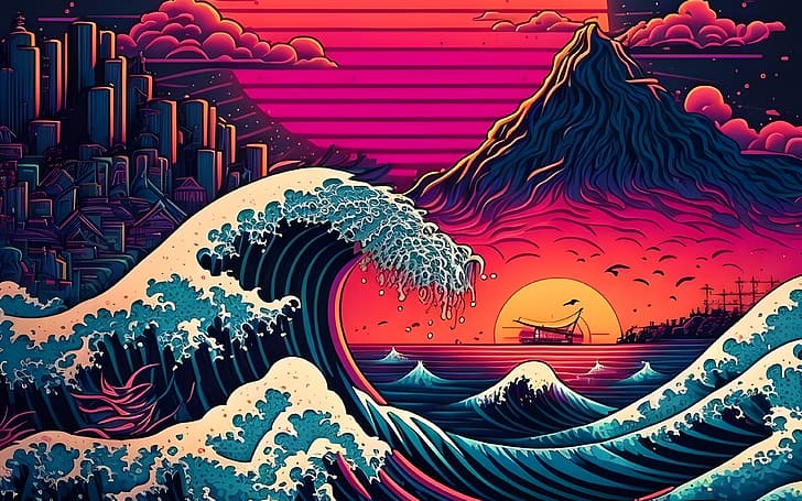 The Great Wave off Kanagawa, artificial intelligence, 4K, waves, HD wallpaper
