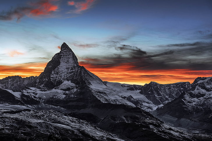 Matterhorn, nature, sunset, Switzerland, mountains, sky, dark