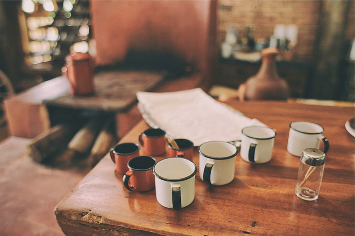 white-and-brown ceramic mugs, coffee, cup, table, indoors, wood - material