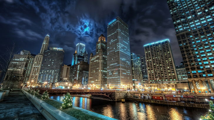 city, cityscape, building, skyscraper, Chicago, night, HDR