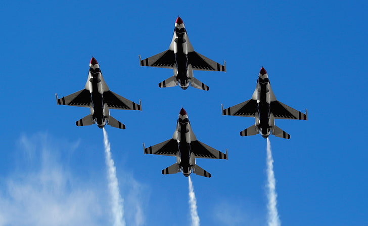Thunderbird USAF Acrobatic Team, four gray-and-black fighter jets