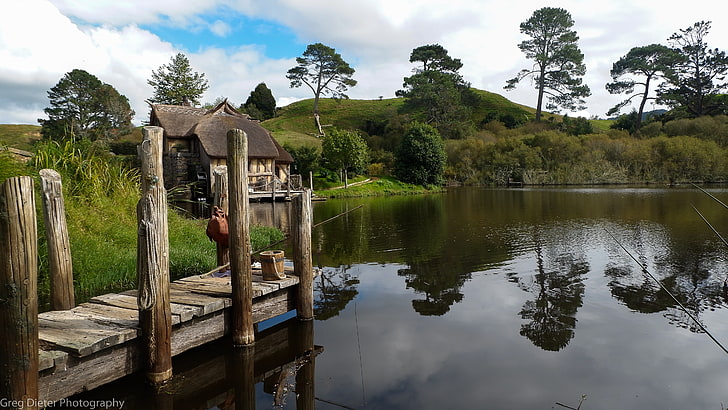 brown wooden dock, nature, landscape, New Zealand, Hobbiton, The Lord of the Rings