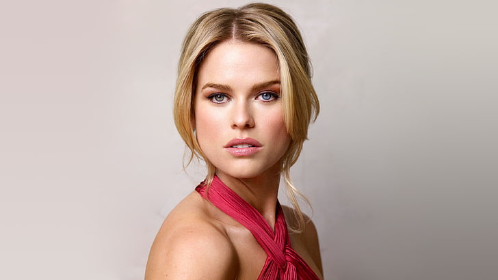 women's pink halter top, Alice Eve, blonde, actress, simple background, HD wallpaper