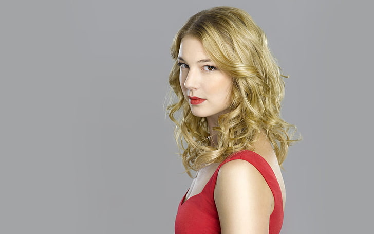 women's red sleeveless top, Emily Vancamp, blonde, dress, actress, HD wallpaper