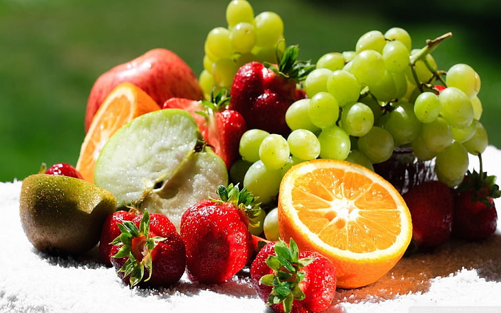 assorted fruit lot, grapes, food, strawberries, kiwi (fruit)