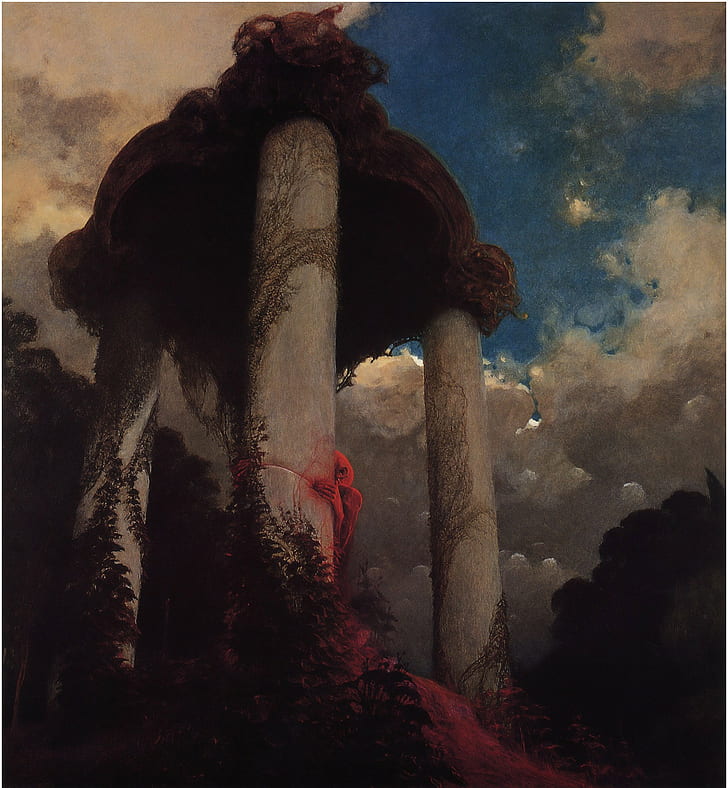 Zdzisław Beksiński, Artwork, Dark, Ghost, Hiding Behind, Red Clothes, tower painting