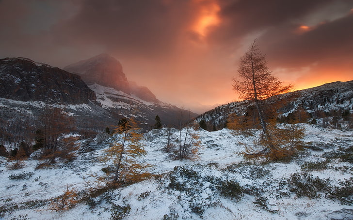 nature, landscape, storm, mountains, forest, snow, sunset, clouds, HD wallpaper