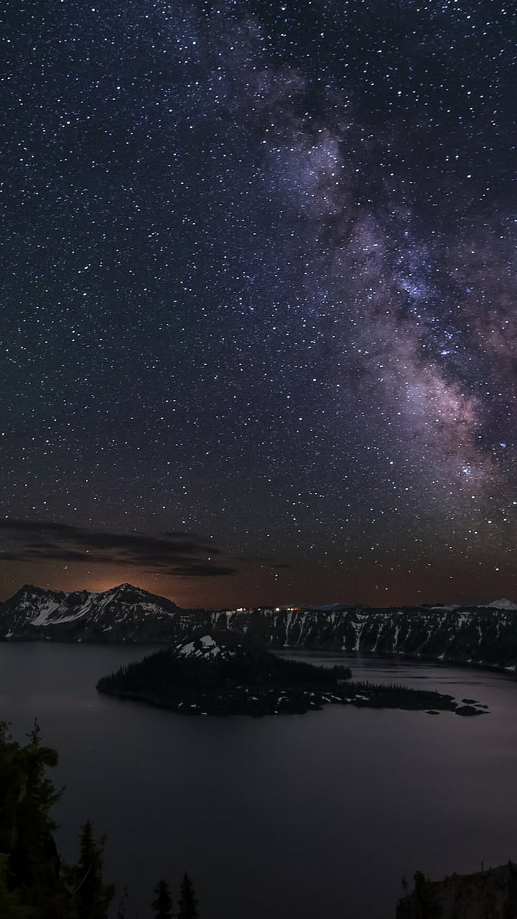 pivot, Crater Lake (Oregon), stars, sky, mountains, HD wallpaper