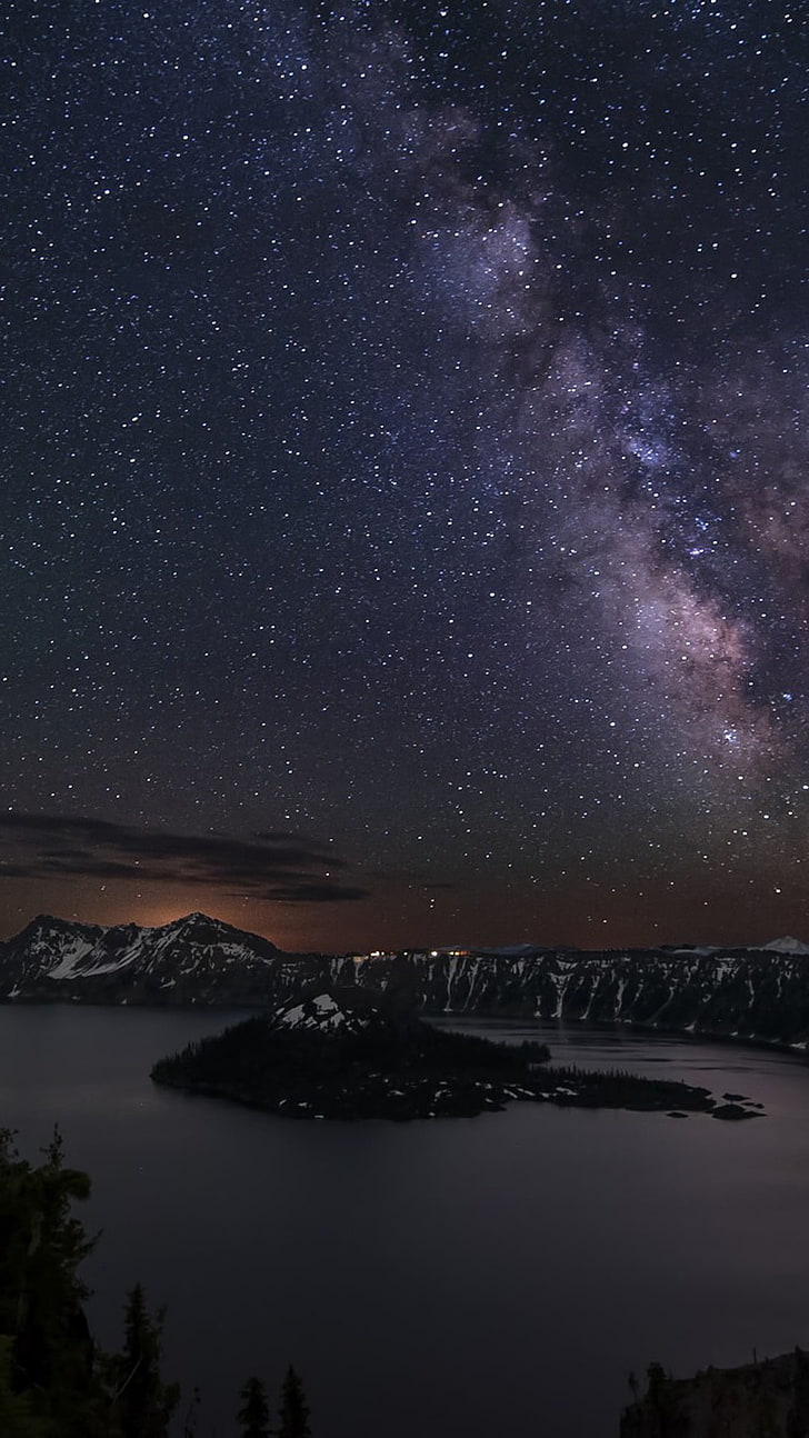 body of water, sky, stars, mountains, lake, pivot, Crater Lake (Oregon)