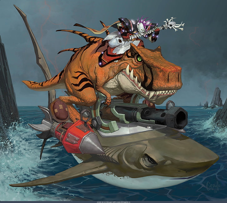 man rides on dinosaur wallpaper, World of Warcraft, fan art, shark, HD wallpaper