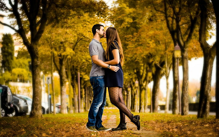 Kiss, Love, Autumn, Alley, Couple, Girl, Boy, Tree, HD wallpaper