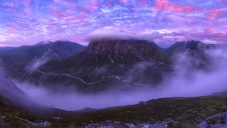 mountains, clouds, peak, Scotland, pink, purple, sky, beauty in nature, HD wallpaper