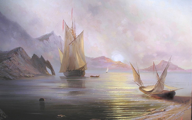 artwork, drawing, fantasy art, boat, water, landscape, sea, HD wallpaper