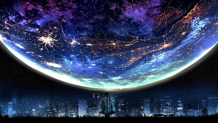 Evangelion wallpaper, Moon, sky, stars, night, cityscape, architecture