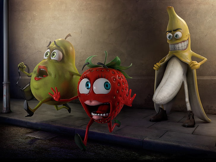 yellow banana, strawberry graphic, fear, pear, fruit, pervert, HD wallpaper