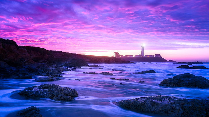 purple landscape, lighthouse, sea, sky, pigeon point lighthouse, HD wallpaper