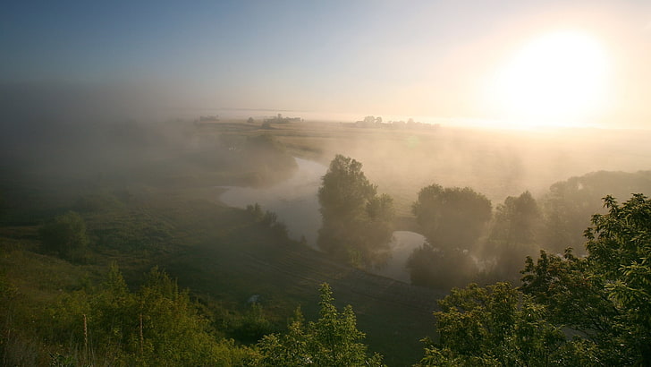 landscape, field, river, mist, nature, tree, plant, fog, scenics - nature, HD wallpaper