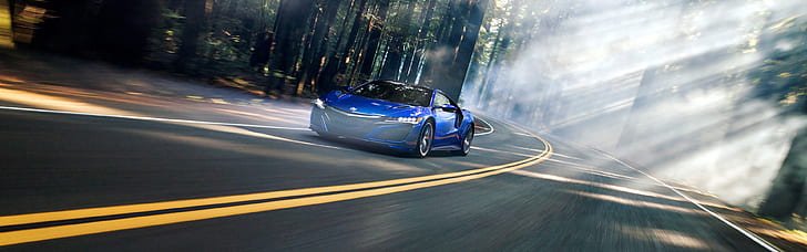 acura nsx road motion blur car vehicle forest dual monitors mist multiple display, HD wallpaper