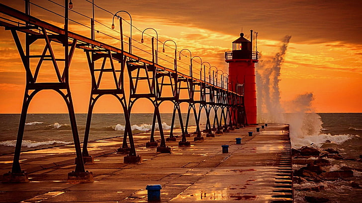 lighthouse, grand haven, michigan, usa, united states, waves, HD wallpaper