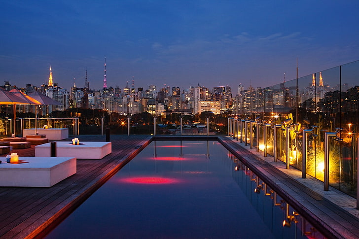 ceiling outdoor pool, cityscape, architecture, night, building