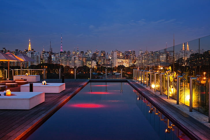 swimming pool, wooden surface, Brasil, hotel, luxury, tower, HD wallpaper