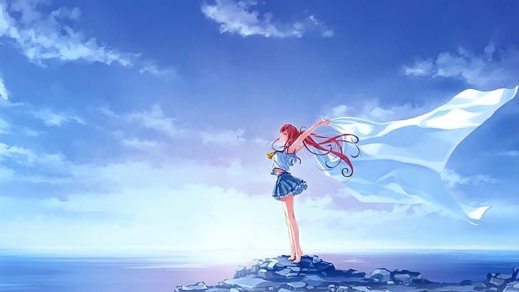 Deep blue sky, sea, clean, white cloth, cute anime girl