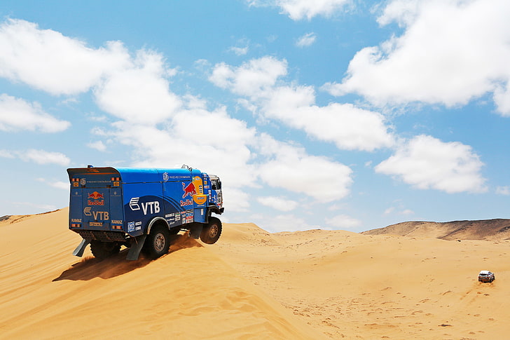 blue Red Bull dump truck, Sand, Clouds, Sport, Machine, Race, HD wallpaper