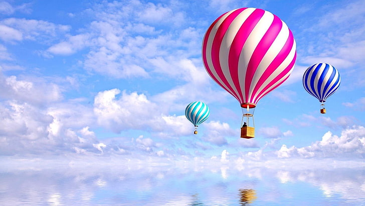 hot air ballooning, sky, daytime, fantasy art, cloud, dreamland