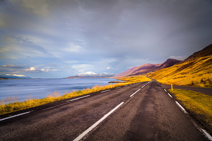 photo of a road near mountains and river, Akureyri, iceland, islandia, HD wallpaper