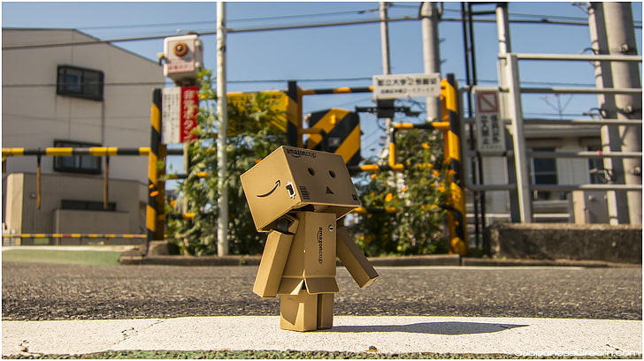 brown robot figure, Danbo, Amazon, cherry blossom, spring, Japan, HD wallpaper