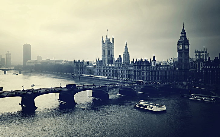 Big Ben, London, night, river, building, top view, black white