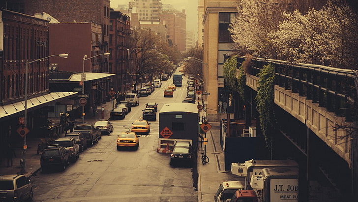 black car, city, street, New York City, road, building exterior, HD wallpaper